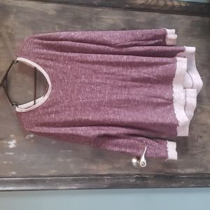 Plum sweatshirt. 1/3 back tie, lace strip on sleeve and frayed seam